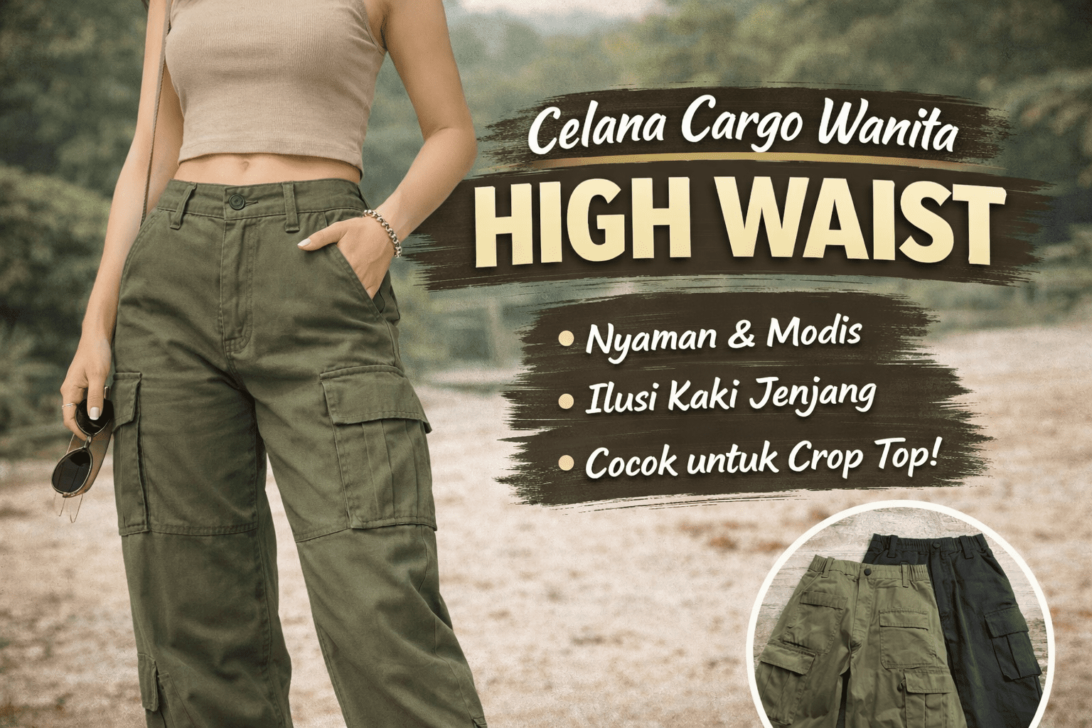 Celana Cargo Wanita High Waist